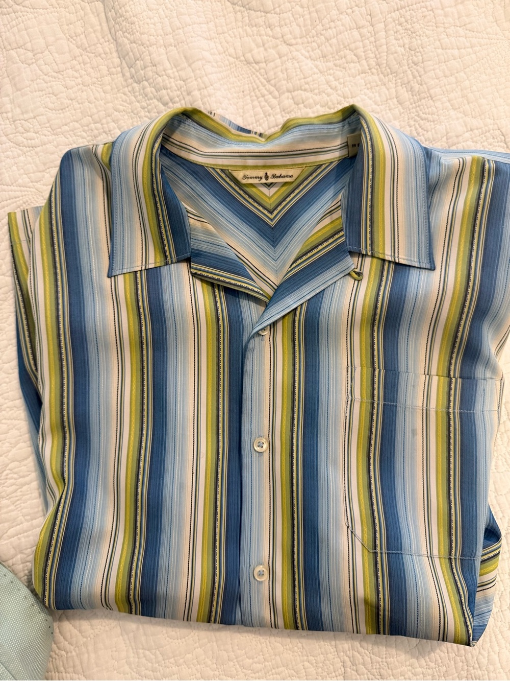 Tommy Bahama Blue, Green & White Striped Camp Shirt